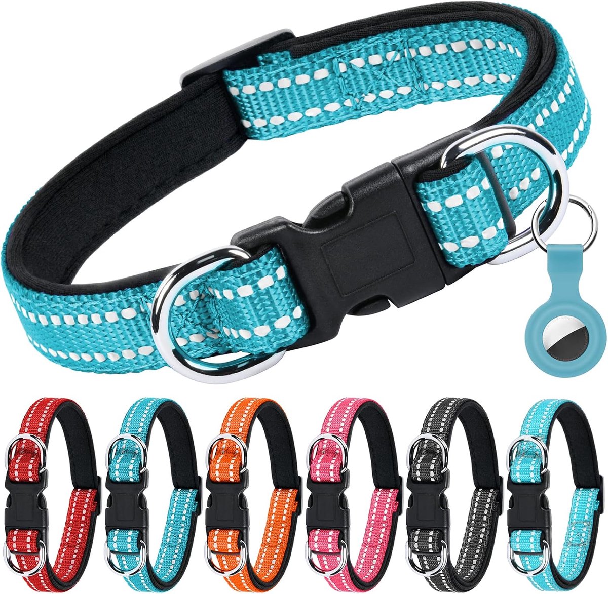 SnelShoppen - Reflecterende nylon hondenhalsband M - Verstelbaar met neopreen kussentje, dubbele beveiliging, AirTag-hoes, snelsluiting met dubbele D-