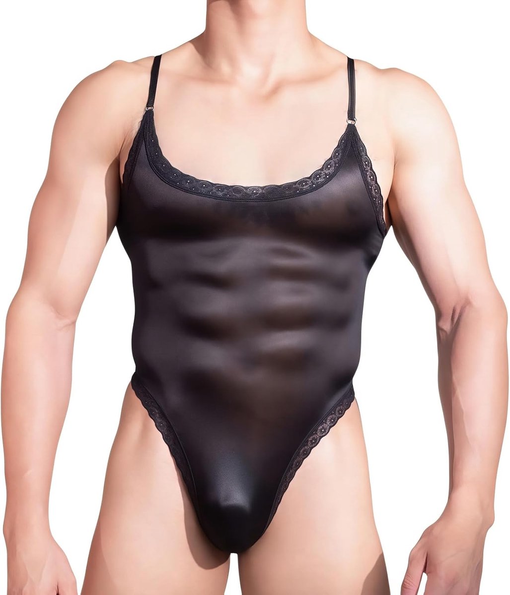 SnelShoppen - Glanzende body voor heren, sexy U-hals, kanten rand, stretch, slim fit, string ondergoed, nachtkleding, feest- en clubkostuum