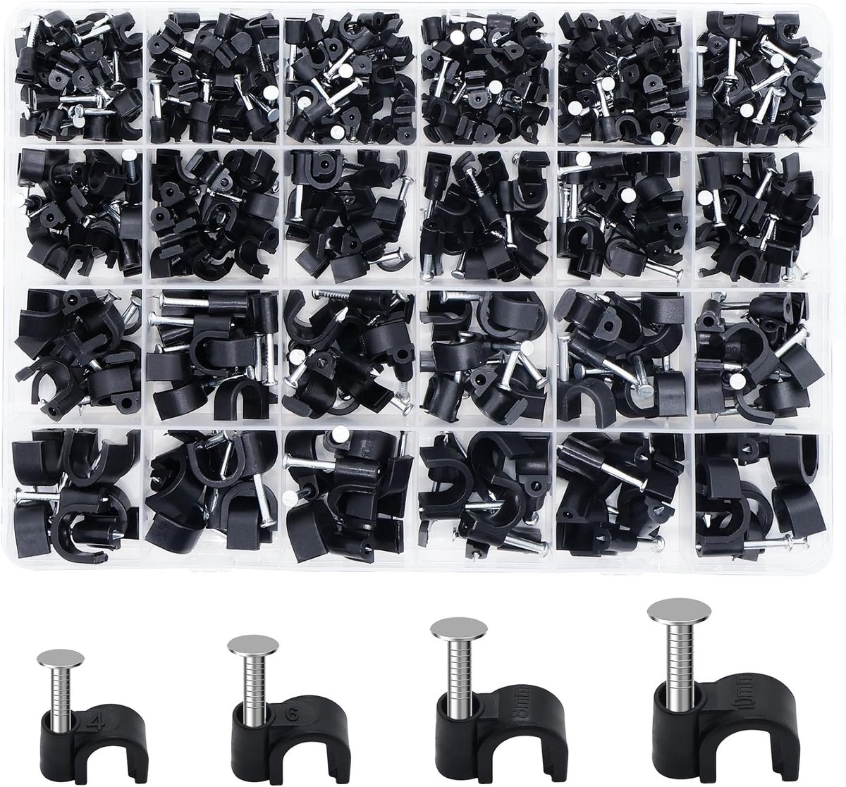 SnelShoppen - 360 Kabelclips Zwart - Nagelklemmen, Kabelhouders, Kabelklemmen voor Wandbevestiging - Hoogwaardig Koolstofstaal en Kunststof - M4, M6,