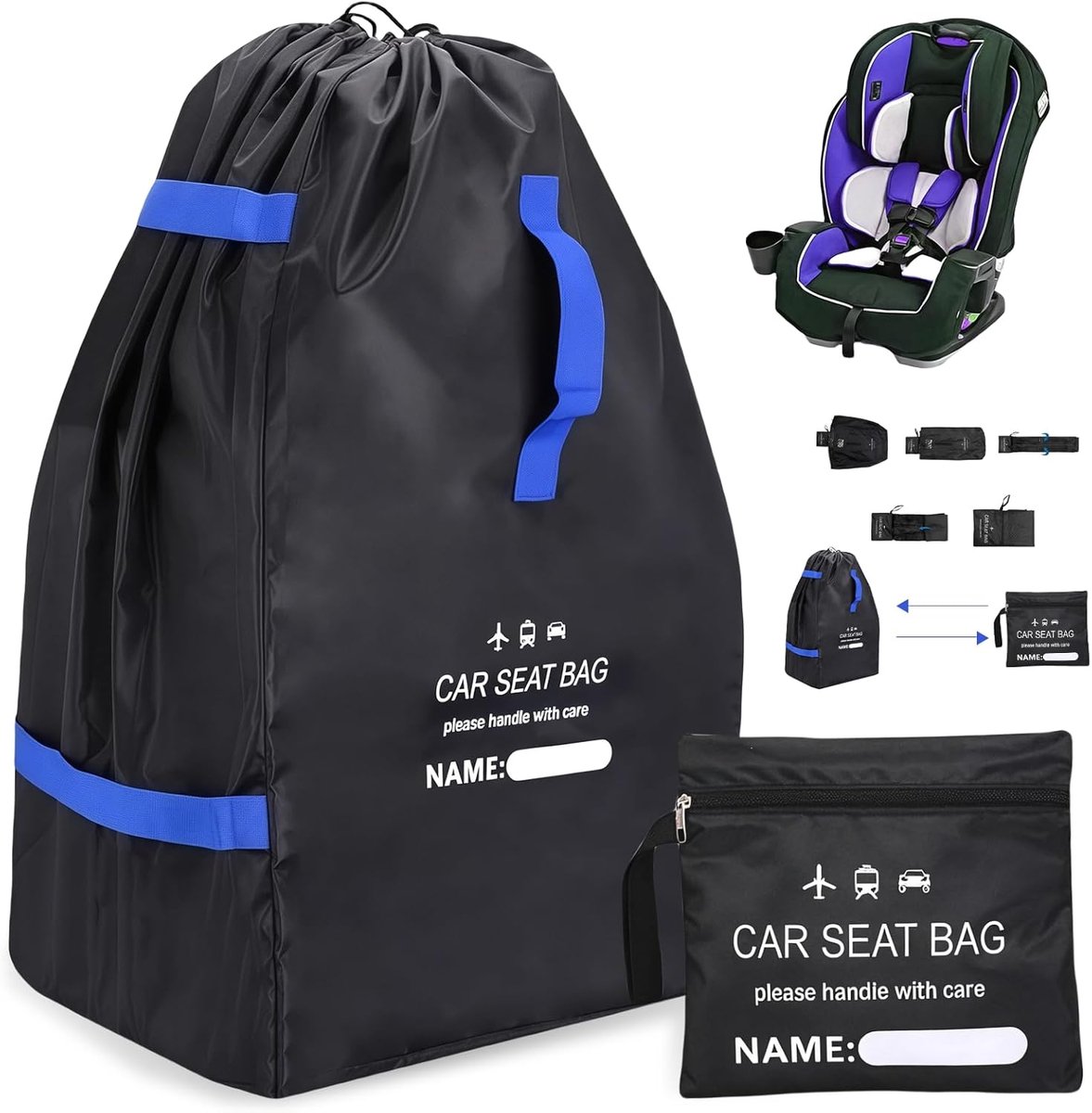 SnelShoppen - Transporttas en Kinderzitje voor Vliegreizen, Draagbare Gate Check Reistas, 85 x 45 x 45 cm, Zwart + Blauw, Voor Kinderwagen en Buggy