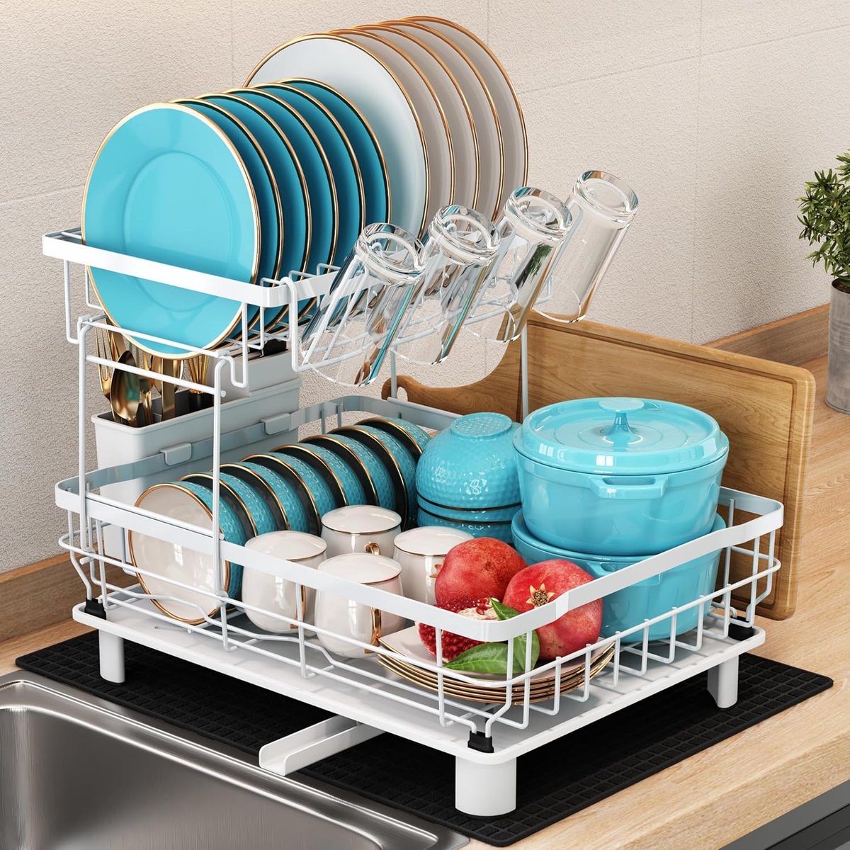 Thijox - Afdruiprek 2 Laags Roestvrijstaal met Lekbak, Afdruipmat en Keukengereihouder - Draaibare Uitloop - Wit - Perfect voor Keuken en Afwas