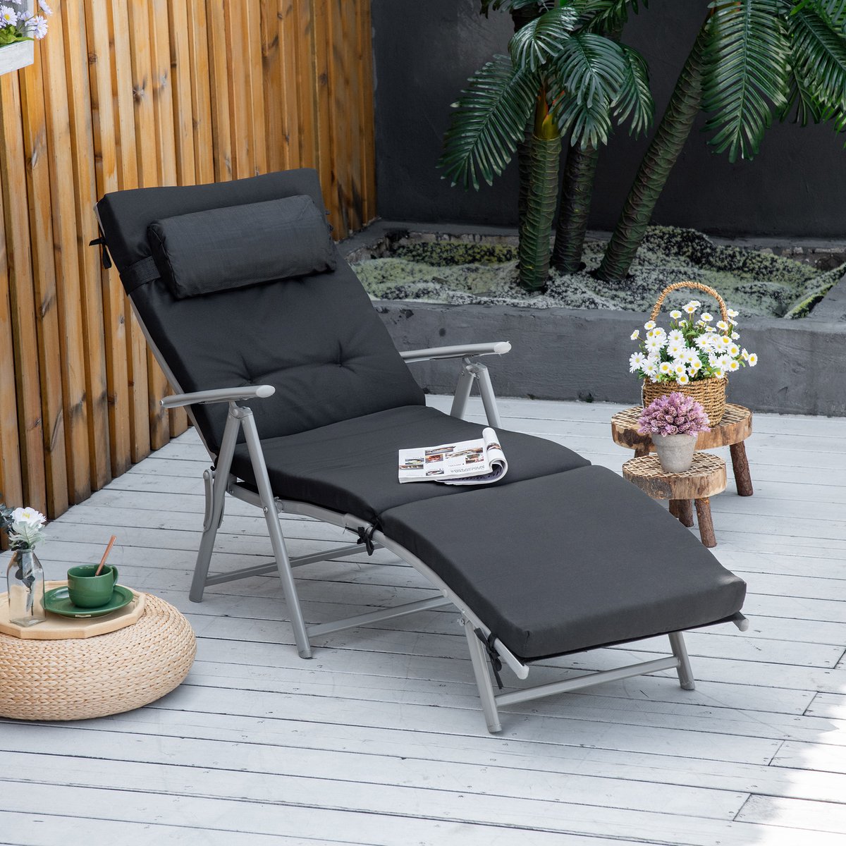 FloraGrace Ligbed 178 x 63,5 x 100,5 cm - Inklapbaar Met 7 Standen Verstelbare Rugleuning En Kussen - Voor Tuin Balkon Of Camping - Metaal Textileen Polyester - Zwart