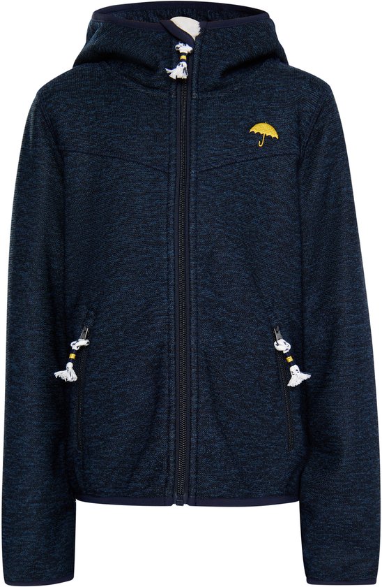 Donkerblauw gebreid fleece jack met teddyvoering, capuchon, geel paraplu-embleem en decoratieve ritskwastjes.