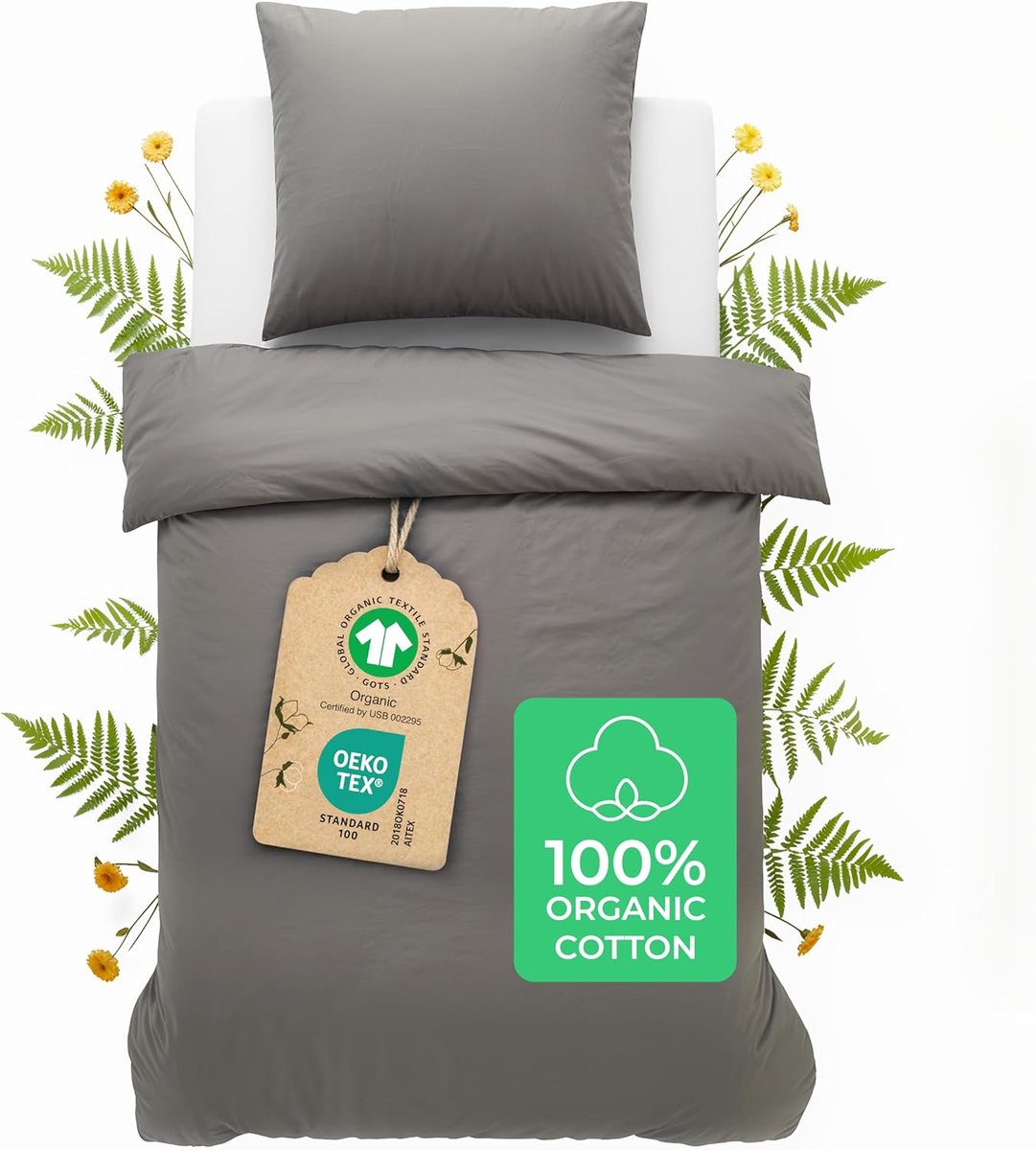 Dekbedovertrek Set - Beddengoed Set Kussensloop - Comfortabele Slaap - Biologisch Katoen Percale - 135x200 cm + 80x80 cm - Antraciet
