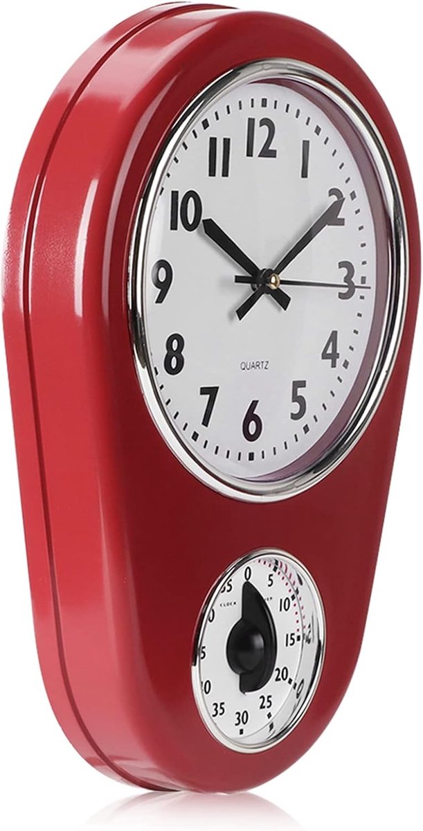 SnelShoppen - Grote Rode Keuken Wandklok met Timer - Vintage Stijl, Stille Secondes, ABS en Glas, Perfect voor Keuken en Eetkamer