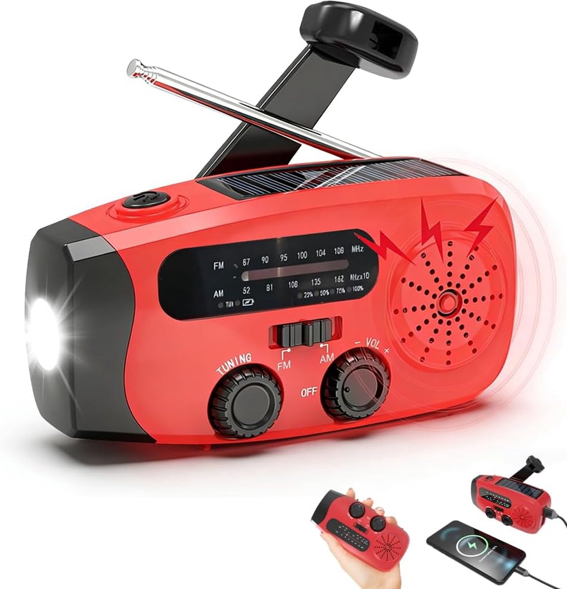 SnelShoppen - Noodradio met zwengel en zonne-energie, draagbare zwengelradio met LED-zaklamp, 2000 mAh powerbank, handslingradio voor outdoor, camping