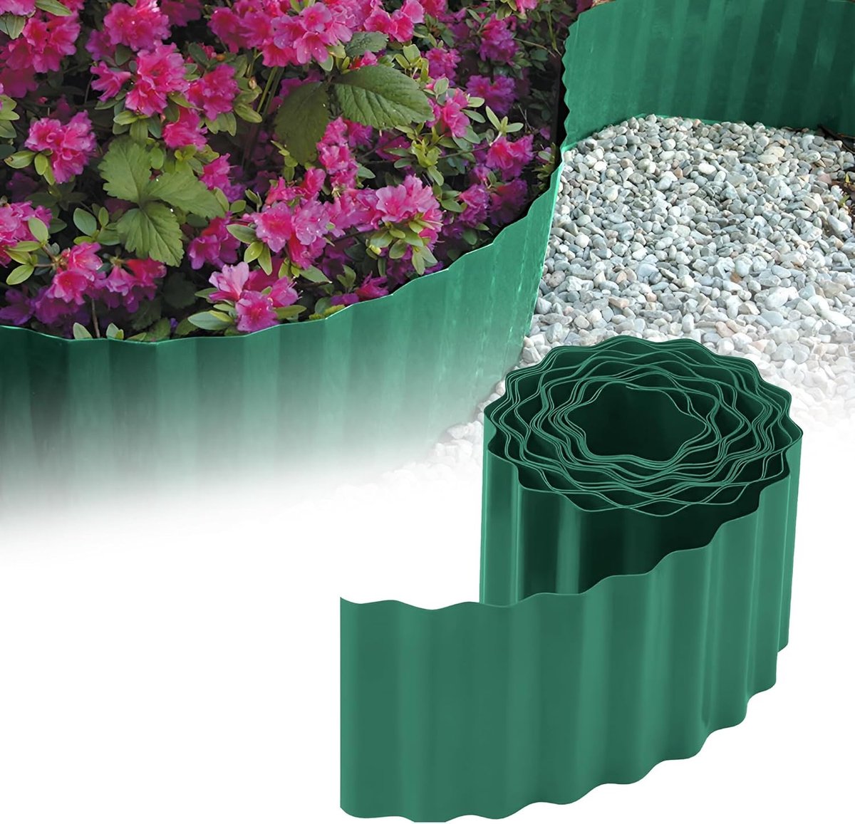SnelShoppen - GARDENIX Golfplaat bloemenbed, grasrand, kunststof 9m, 15cm hoog, groen, flexibele tuinrand voor eenvoudig aanleggen van borders in je t
