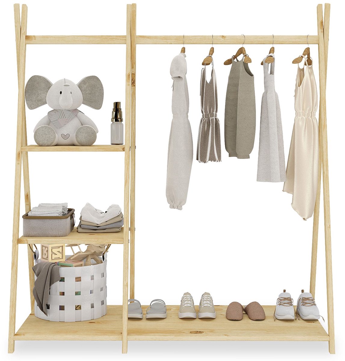 Kinderkast LOTTE 1 kledingstang & 4 legplanken van massief hout – naturel