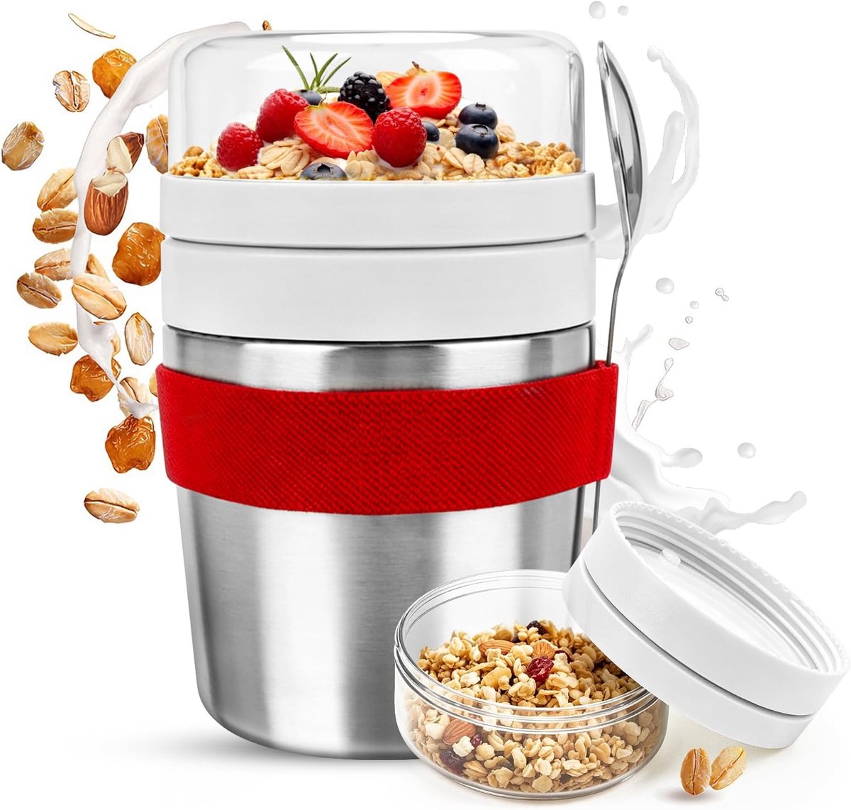 SnelShoppen - RVS Ontbijtbeker 500 ml + 220 ml Yoghurtbeker To Go met Lepel - Lekvrije Geïsoleerde Snackbeker voor Ontbijt, Lunch, Camping, Sport en R