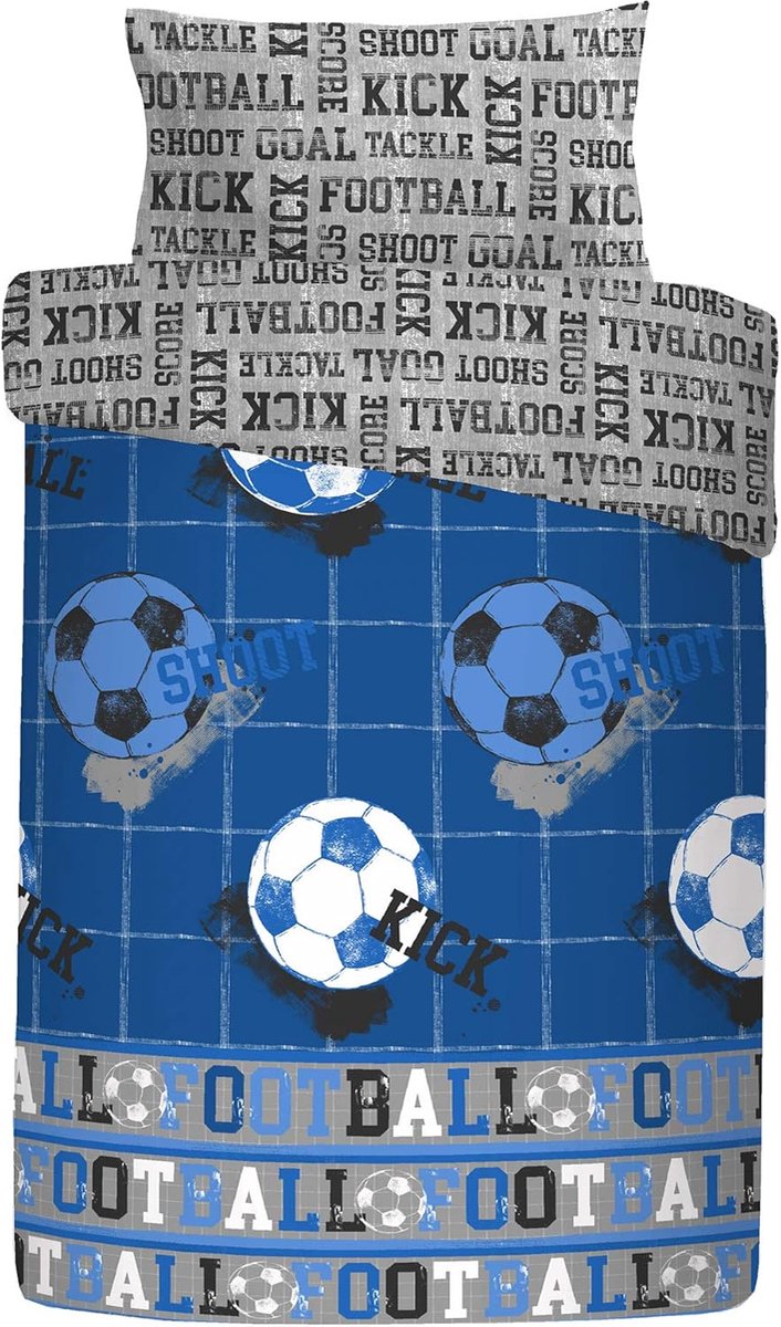 SnelShoppen - Bedset Voetbalthema Katoen Blauw Eenpersoons W135cm x L200cm Dekbedovertrek + Kussenhoes W50cm x L75cm, Ideaal voor Kinderen, Makkelijk