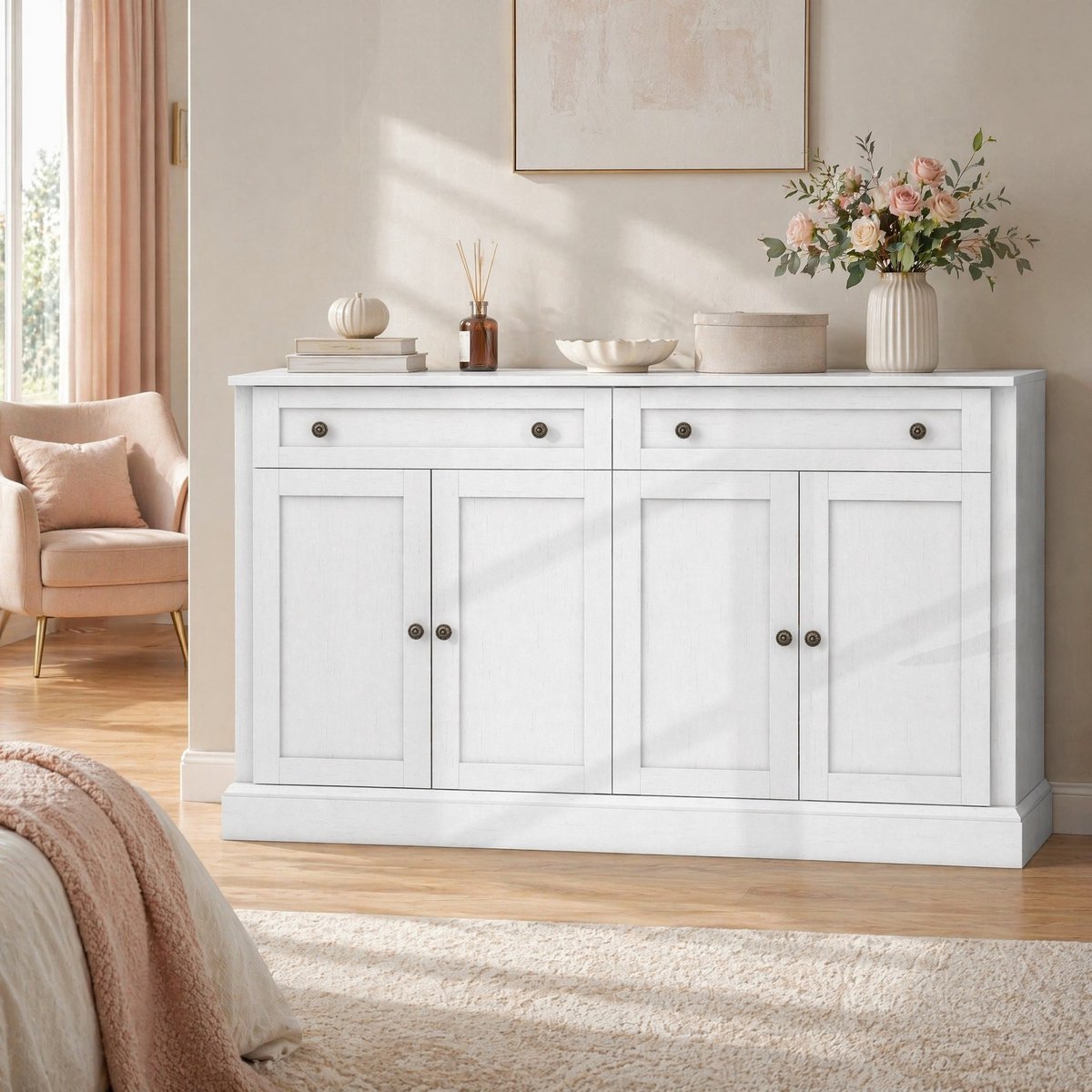 Wishdor - Buffetkast - 4 deuren en 2 laden - verstelbare planken - klassiek en modern - woonkamer of eetkamer - houtlook - antiekwit - 150 x 40 x 86 cm
