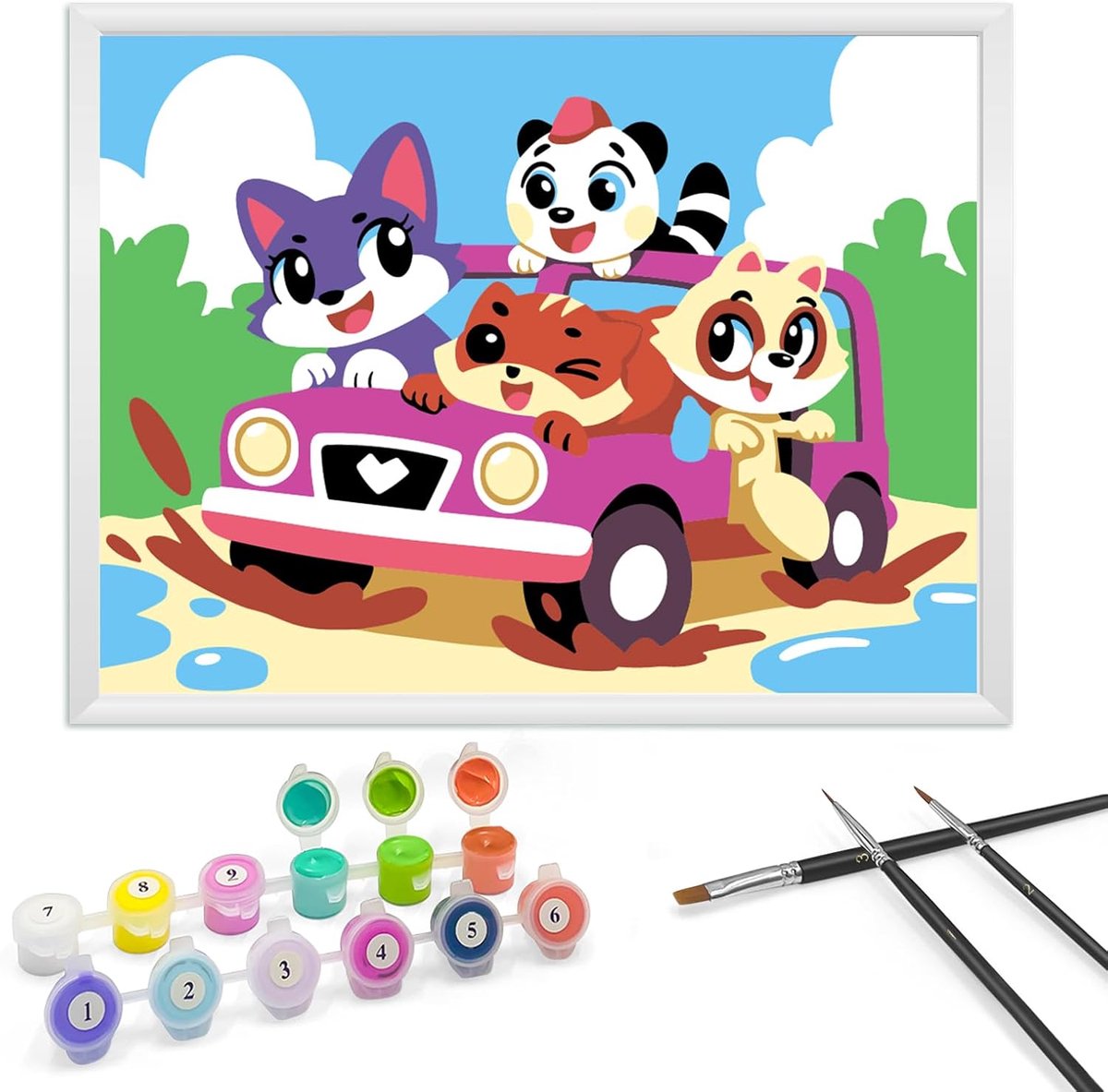 SnelShoppen - Schilderen op Nummer voor Kinderen 5-7 Jaar - Dieren tijdens een Autorit - Met Lijst, 3 Penselen en Acrylverf - Creatieve Activiteit voo