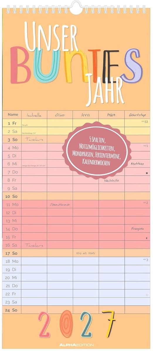 SnelShoppen - Familienplaner Unser buntes Jahr 2027: Kleurrijke gezinskalender 20x45 cm met 5 spalten, ideale gezinsorganisatie met feestdagen en maan