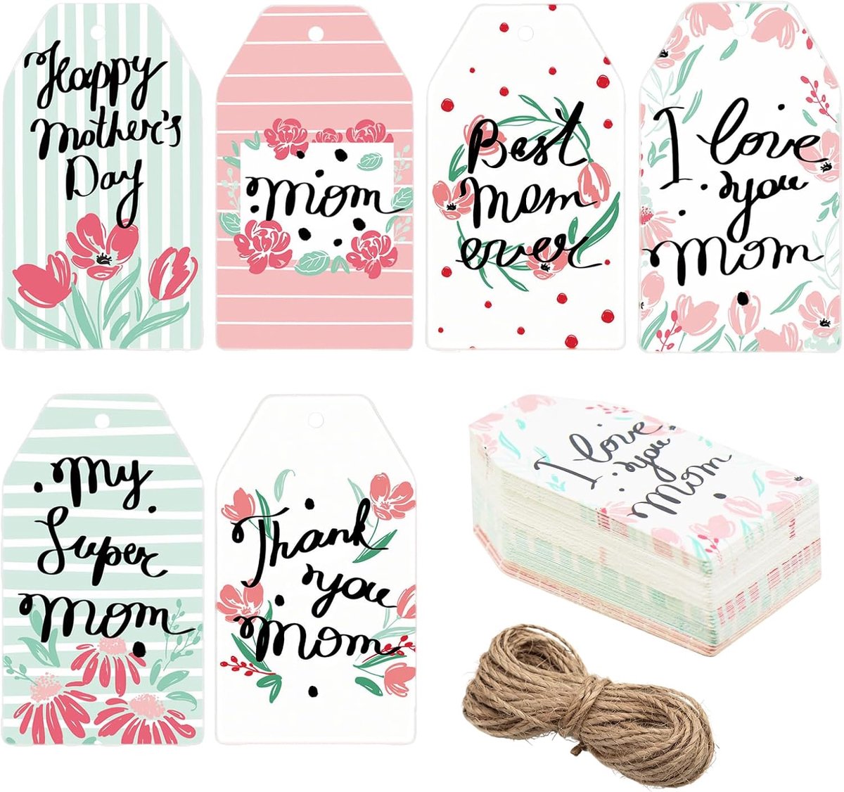SnelShoppen - 60 Stuks Geschenkhangers voor Moederdag 6x5 cm met Jute Koord - Perfecte Hangers voor Geschenkverpakking Moederdag - Creatieve Labels vo