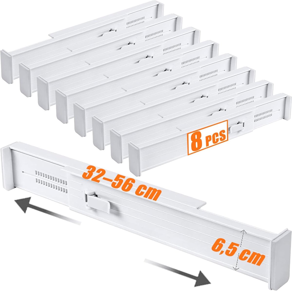 Thijox - 8 stuks verstelbare ladeverdelers, kunststof ladeorganizers, wit, 32-56 cm voor keuken, slaapkamer, commode en kantooropslag
