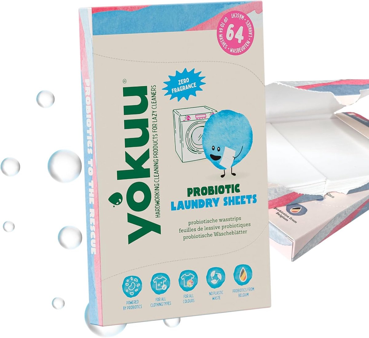 SnelShoppen - Probiotic Wasstrips - 64 Wassen - Geurvrij - Plasticvrij & Biologisch Afbreekbaar Reiswasmiddel - Duurzaam Wasmiddel voor Wit, Kleur en