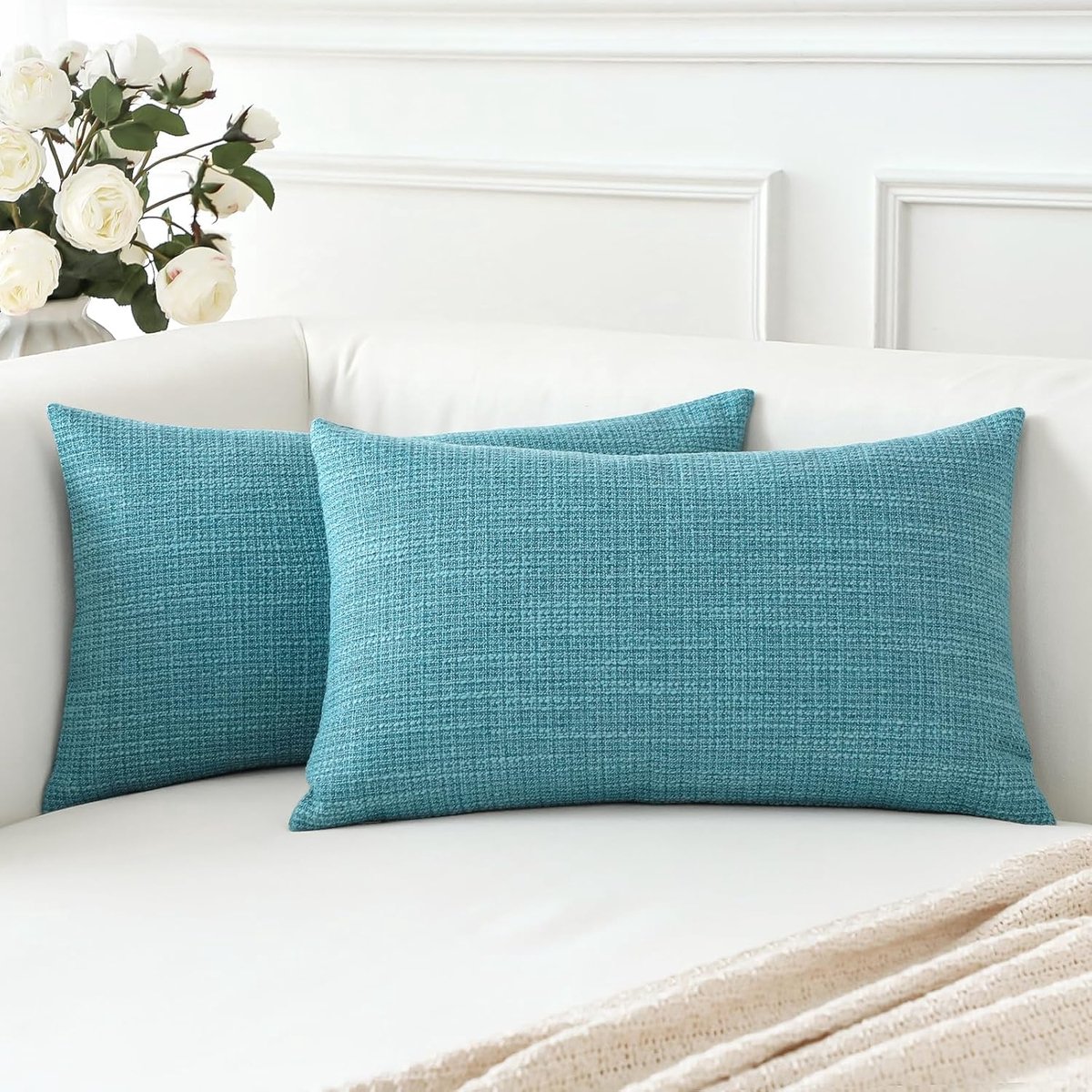 SnelShoppen - Set van 2 Decoratieve Vierkante Kussenslopen 40x60 cm Turquoise, Polyester Linnen, Voor Woondecoratie, Bank, Slaapkamer, Auto