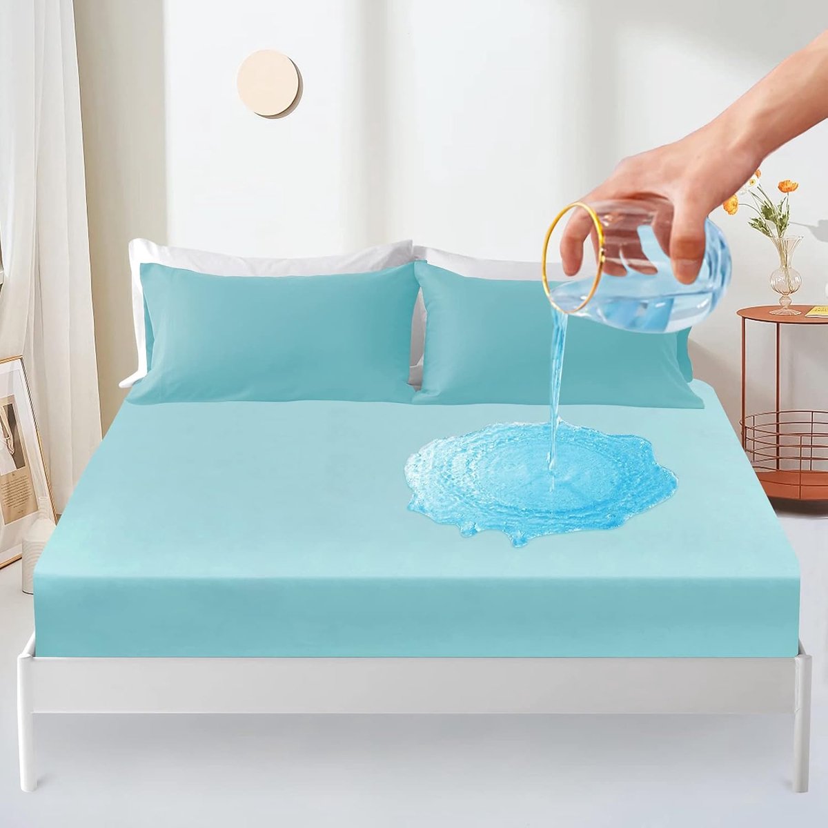 SnelShoppen - Waterdichte Matrasbeschermer 180x200cm, Ademend, Incontinentie, Geschikt voor Matrassen tot 30cm Hoog, Cyan, Fitted Sheet voor Beschermi