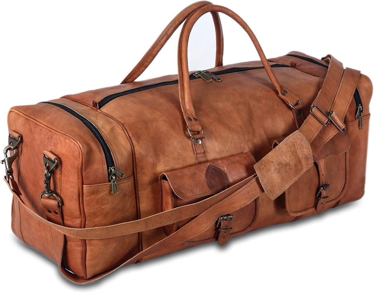 SnelShoppen - KPL 32 Inch Grote Sporttassen voor Mannen - Leren Reisbag - Tote Bag - Weekend Sporttas - Bruin - Ideaal voor Sport, Reizen en Vrijetijd
