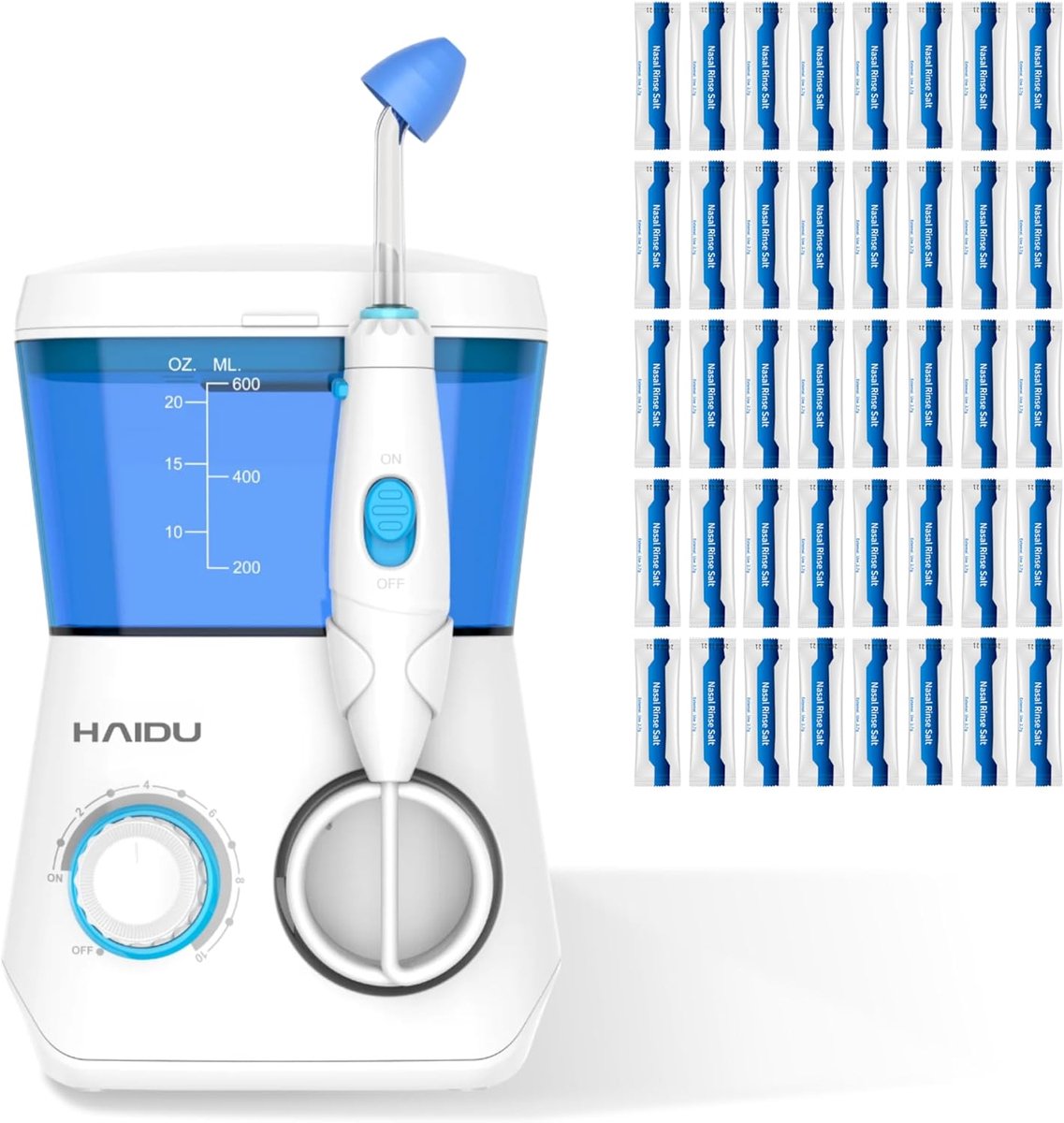 SnelShoppen - HAIDU Elektrische Neusspoeling Pro met 40 Zoutzakjes, Nasale Spoeling met 10 Drukinstellingen, Pulsatie 1250-1700 Pulses/Min, 600 ml Res