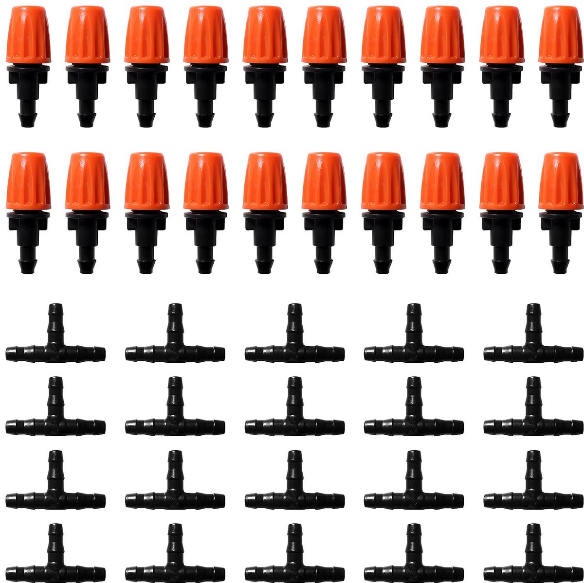 SnelShoppen - 20Pcs Verstelbare Micro Druppelaars en 20Pcs Tee Connectoren voor 4/7mm Drip Hoses, Irrigatiesysteem voor Tuin en Gazon, Oranje, Waterbe