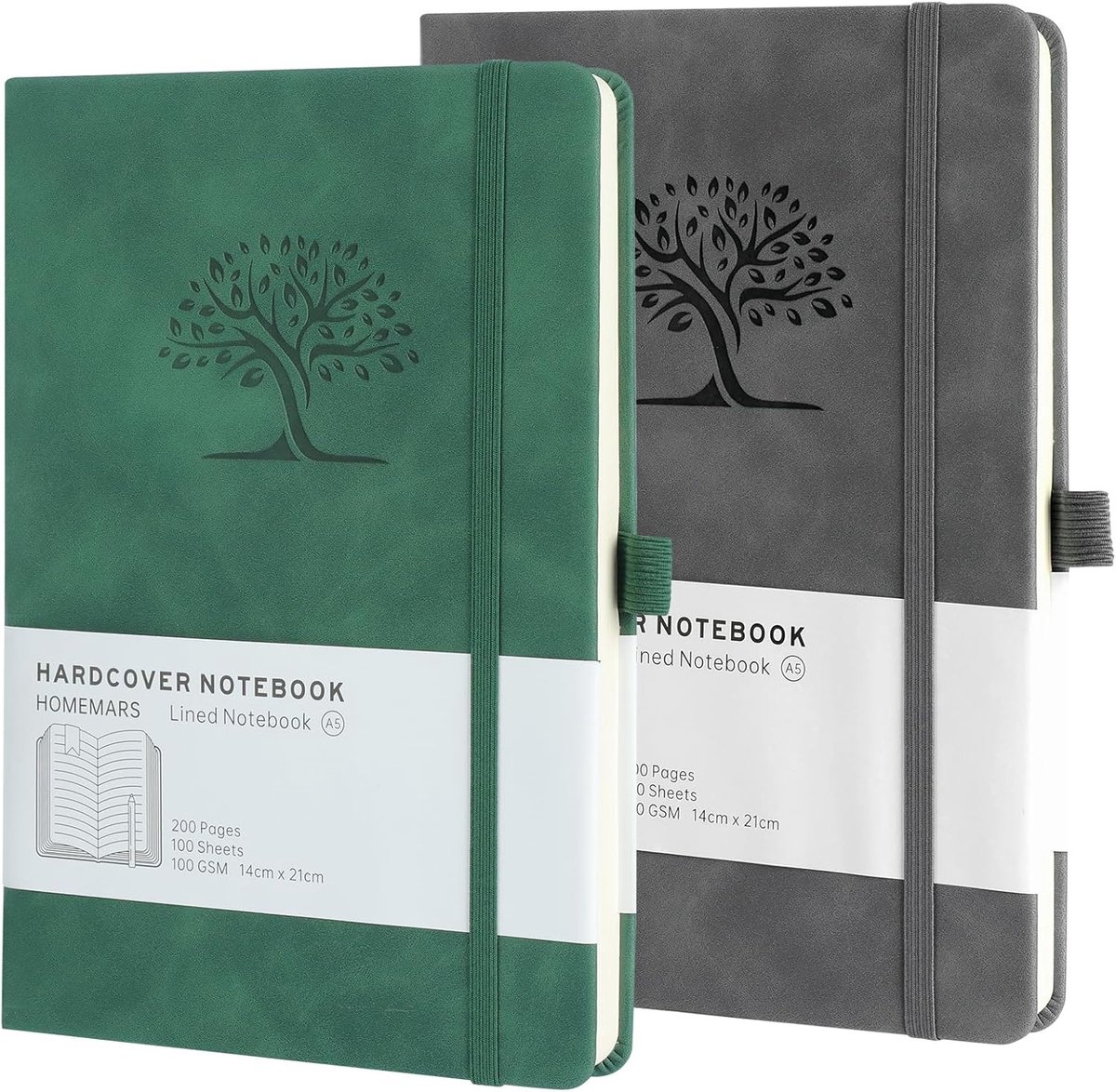 SnelShoppen - A5 Notitieboek Set van 2 - Groen Grijs - Vegan Leer - 200 Pagina's - Vintage Dagboek met Boomdesign - Ideaal voor Reizen en Creatieve Pr