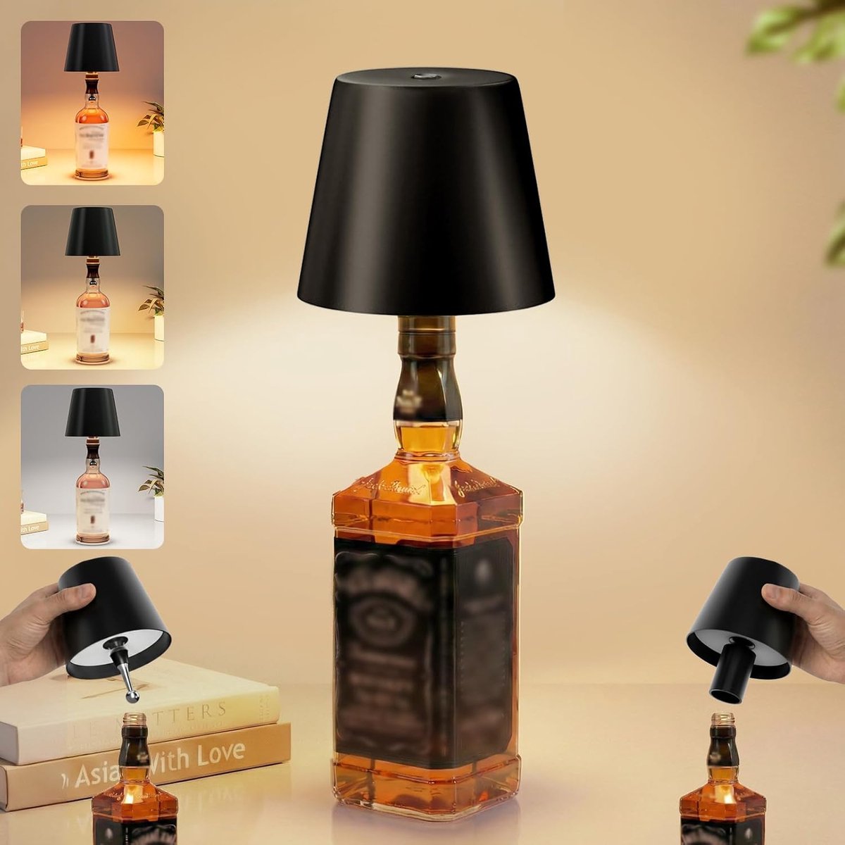 SnelShoppen - LED Bottle Lamp - Dimbare Tafel Lamp - Draadloos met Accu - 3 Kleuren - IP54 Waterdicht - Metalen Behuizing - 5300 mAh - Zwart voor Binn