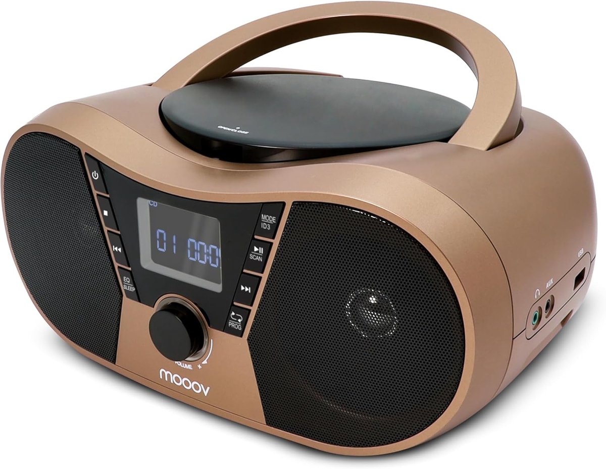 SnelShoppen - CD Speler met FM Radio, USB Poort, Slaapfunctie en ID3 Functies in Koper & Zwart voor Thuis, Camping, Feest en Ontspanning