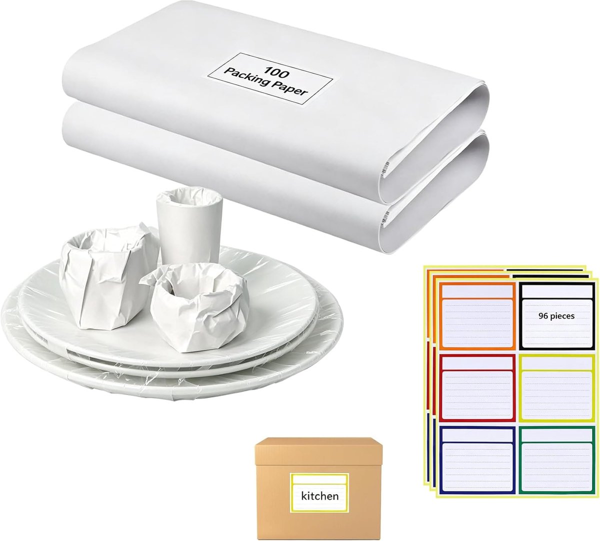 SnelShoppen - Verhuizing Inpakpapier Set 100 Vellen 39x54 cm + 96 Gekleurde Verhuisetiketten 9x10 cm - Recyclebaar en Schoon Inpakpapier voor Breekbar