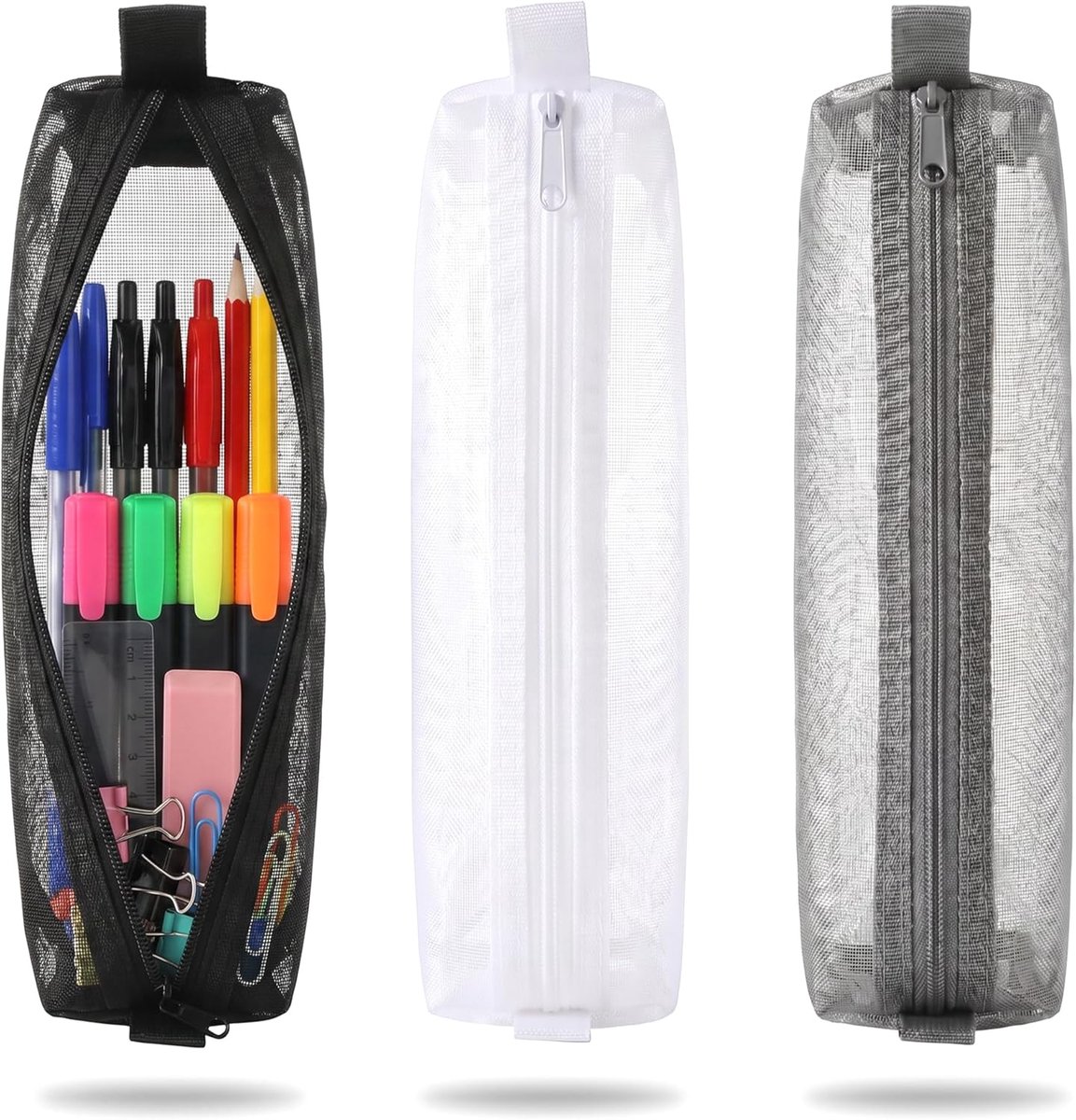 SnelShoppen - Set van 3 Vierkante Mesh Pennenhouders - Organizer Mesh Tassen voor School, Kantoor, Make-up, Reizen - Multifunctionele Ritsopbergtas vo