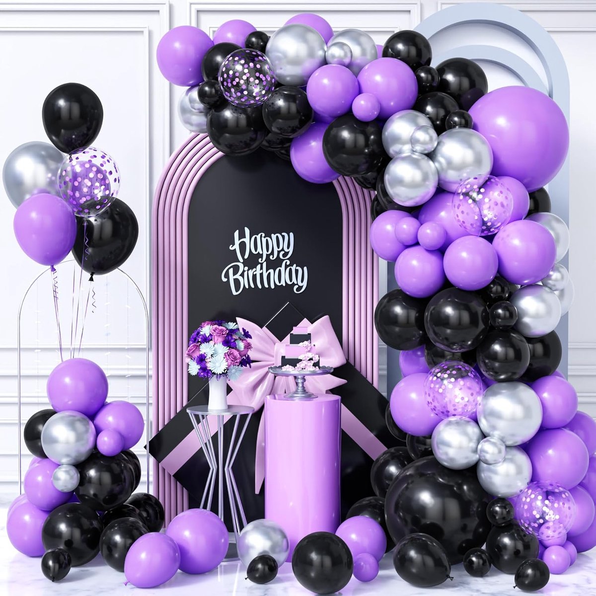Thijox - Zwart Zilver Paars Ballonnenboog-set - 103-delige Feestballonnen voor Bruiloft, Verjaardag, Feest, Donkerpaars, Zwart, Confetti, Versiering
