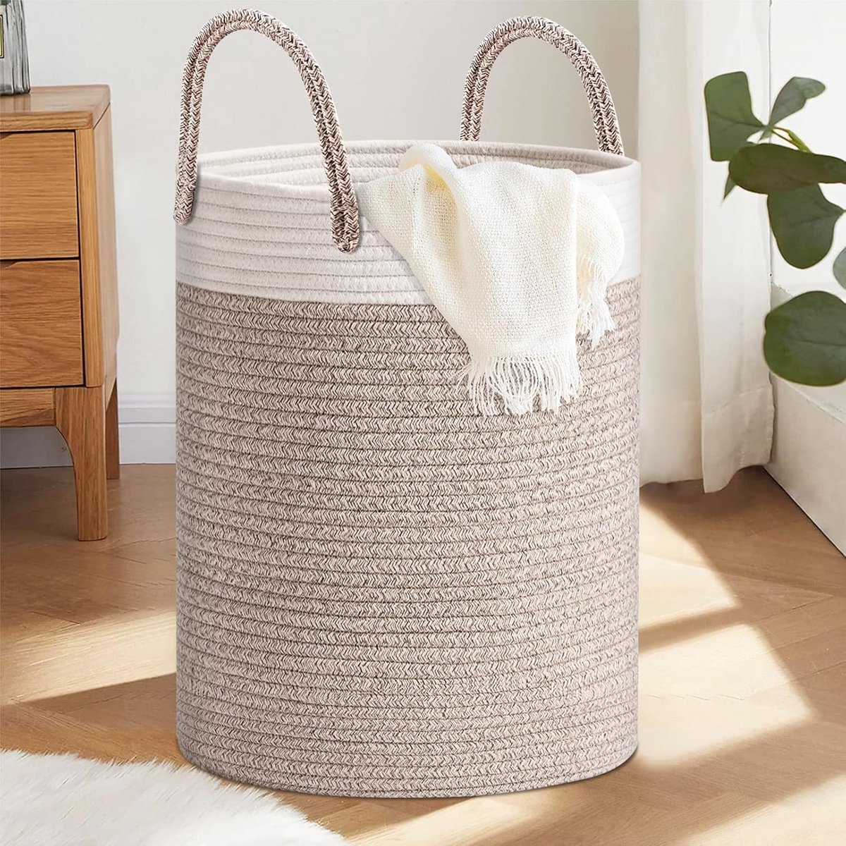 SnelShoppen - XXL Katoenen Gevlochten Wasmand met Handvat, 40 Liter, Opbergmand, Wascollector voor Woonkamer, Badkamer, Kinderen, Camping, Studentenka
