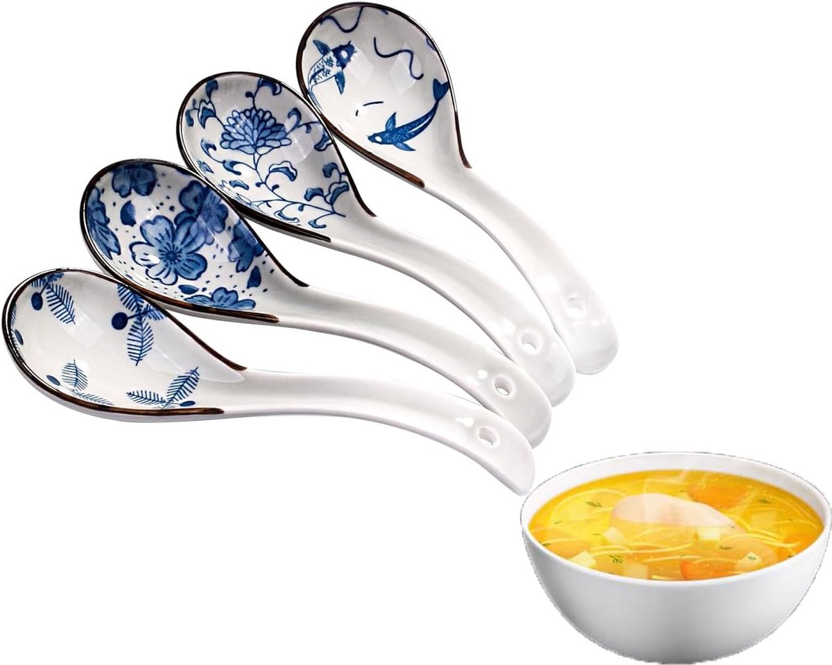 SnelShoppen - 4-delige Set Asian Soup Lepels, Uniek Patroon Ramen Lepel, Ceramische Lepels met Lange Handgreep voor Soepen, Dumplings, Rijstnoedels, W