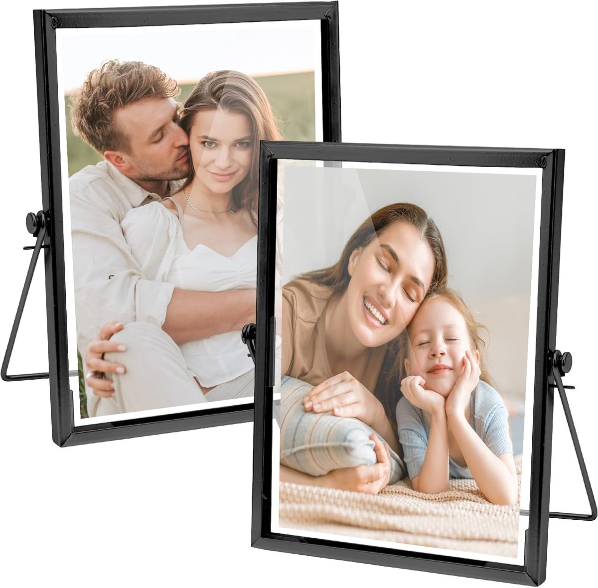 SnelShoppen - 2 Stuks A5 Glazen Metaal Fotolijsten Zwart, Dubbelzijdige Foto Frame voor Persbloemen, 15 x 20 cm, Staande Display voor Foto's en Decora