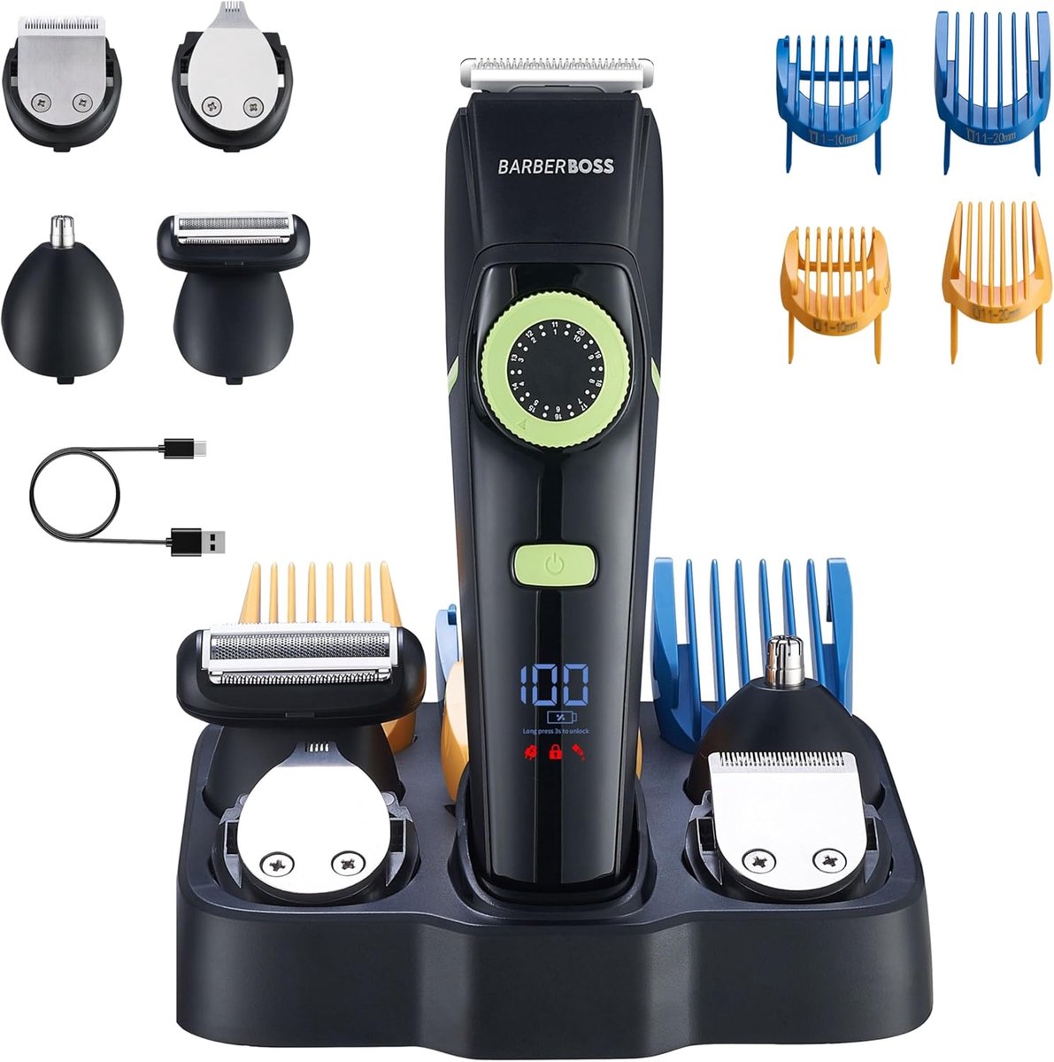 SnelShoppen - Professionele Haartrimmer en Baardverzorgingsset voor Mannen - Ooraanzet- en Neushaartrimmer - Precisiedial, Keramisch Mes, 4 Gidskammen
