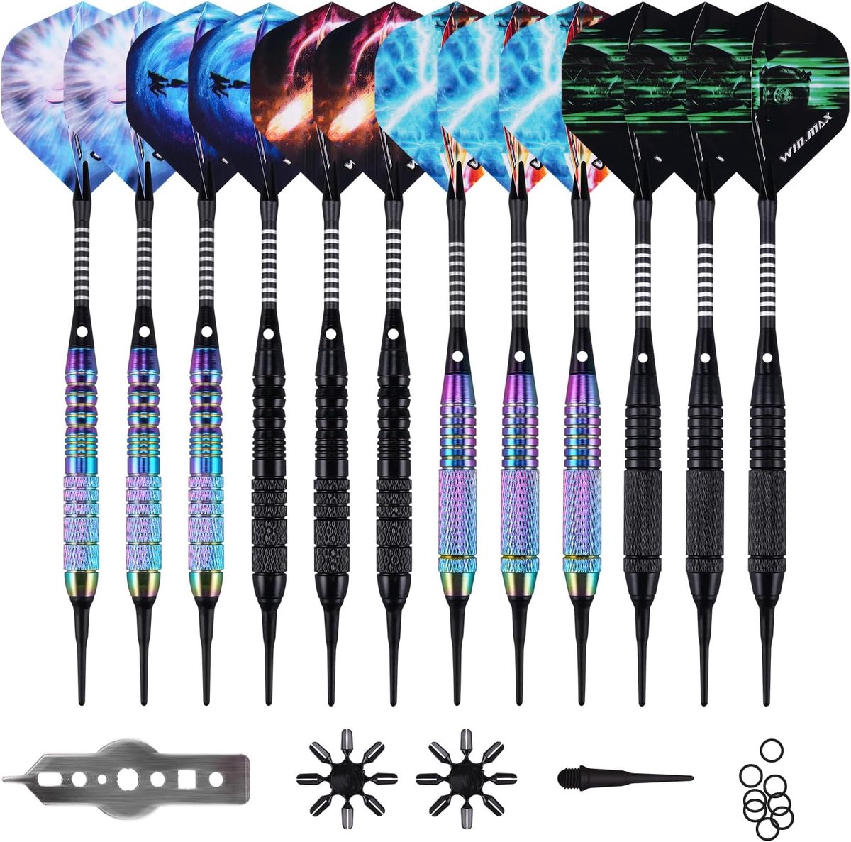 SnelShoppen - Soft Tip Darts Set 12 Stuks 18 Gram met 100 Extra Dart Tips, 12 Flights, Flight Protectors en Wrench voor Elektronisch Dartboard