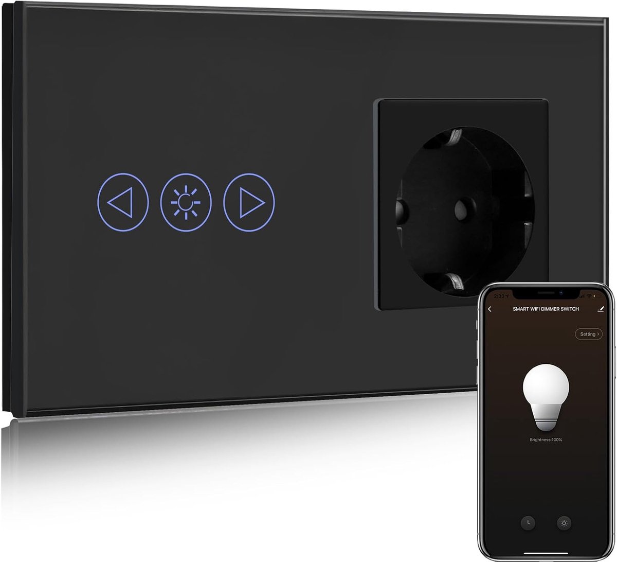 SnelShoppen - Slimme Dimbare Wandcontactdoos met Touch Schakelaar Zwart, WiFi Compatible met Alexa en Google Home, APP Besturing, 16A Schuko Aansluiti