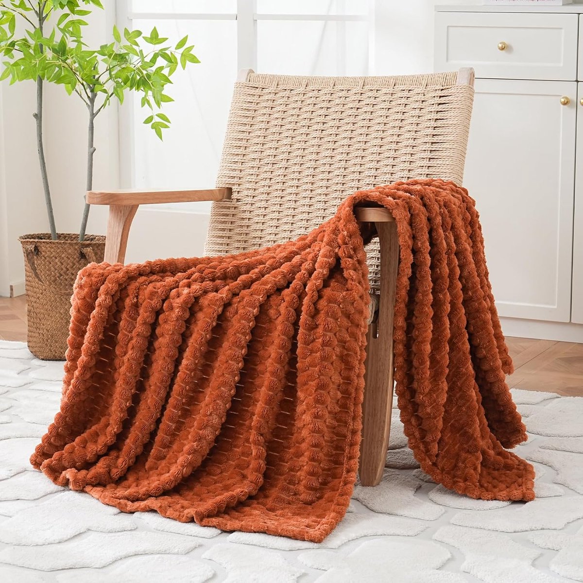 SnelShoppen - Fuzzy 3D Jacquard Flannel Fleece Dekentje 50"x60" Burnt Orange Super Zacht en Lichtgewicht Cozy Plaid voor Sofa en Stoel, Perfect voor A