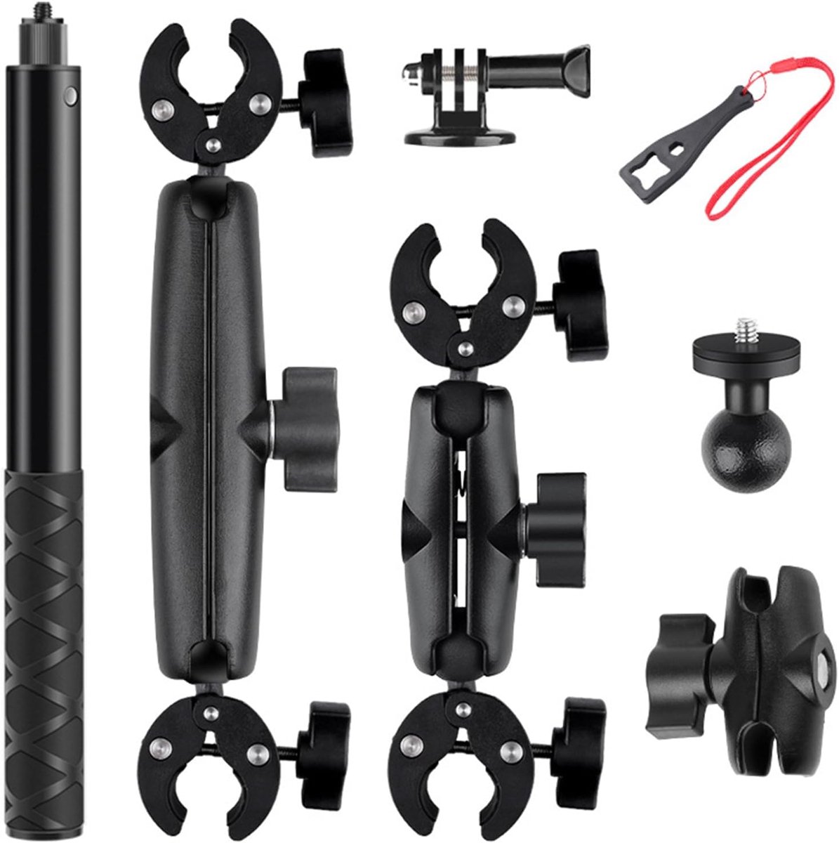 SnelShoppen - Camera Mount Kit voor Motorfiets Fiets Handlebar Selfie Stick met Dual Super Clamps, Actie Camera Beugels, Verstelbare Bevestiging voor