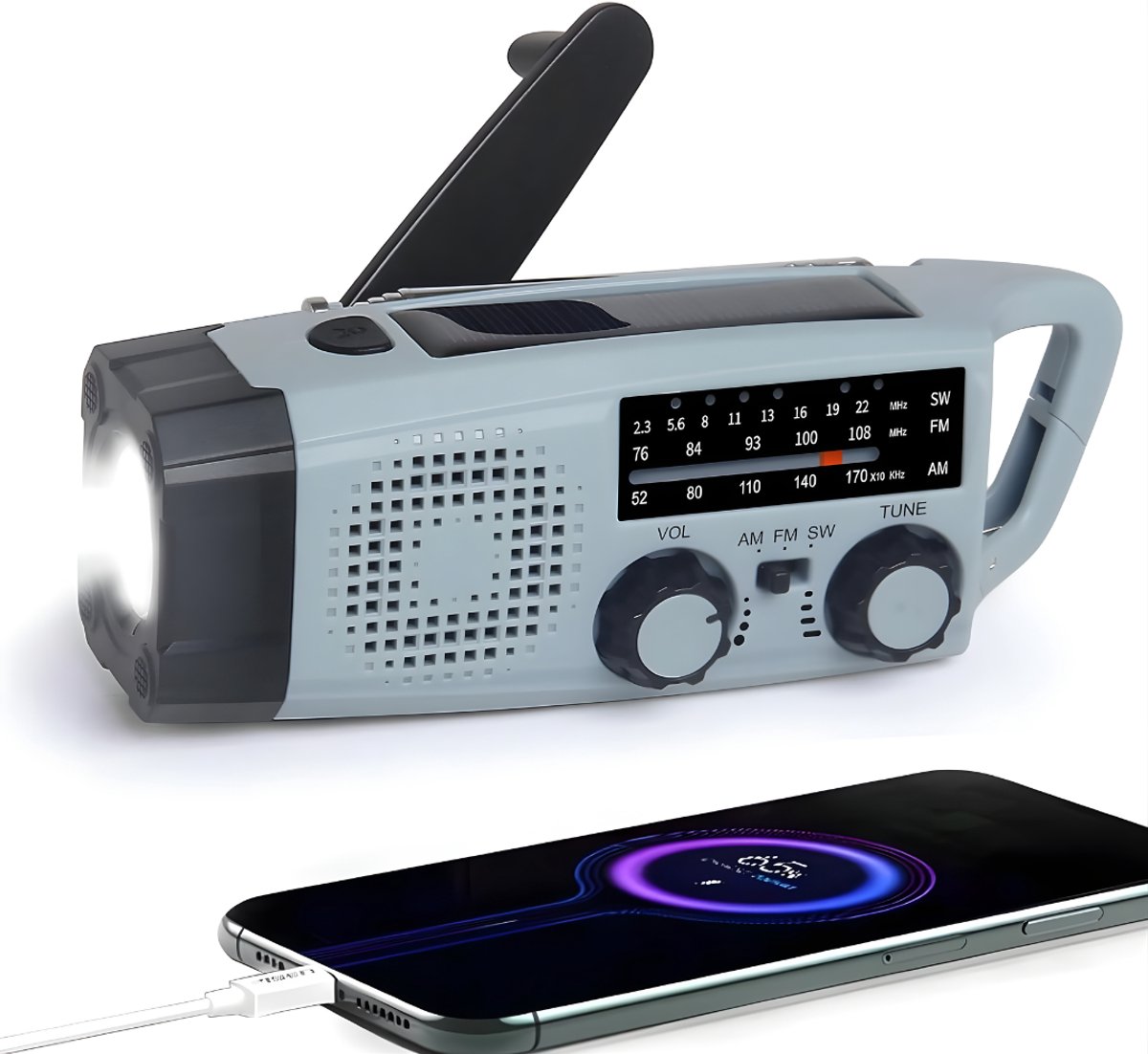 KIRA® Noodradio Solar Opwindbaar - 20000mAh - Noodradio - Draagbare Noodradio - Grijs- 5cm x 2cm x 2cm