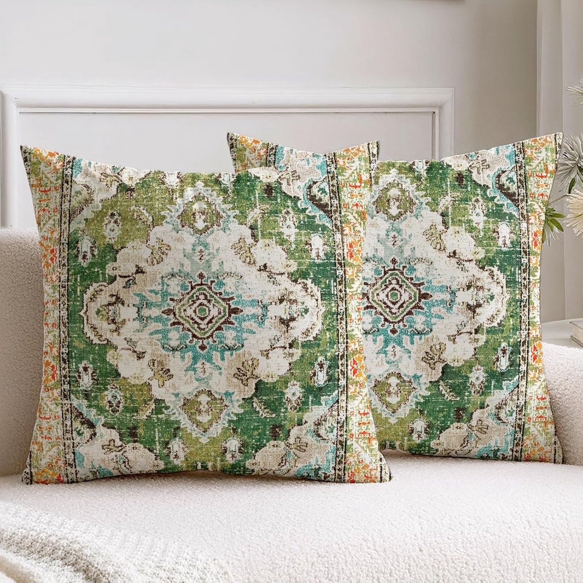 SnelShoppen - Set van 2 Boho Groene Kussenhoezen 50 x 50 cm - Zachte Velours Retro Decoratieve Kussenhoezen voor Bank, Tuin en Woonkamer
