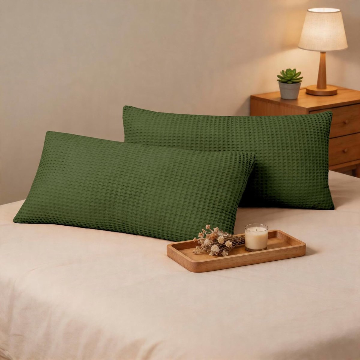 SnelShoppen - Set van 2 Katoenen Kussenhoezen 50x75 cm, 100% Katoen, Wafelpatroon, Decoratieve Kussens voor Sofa, Groene Kussen Covers met Rits