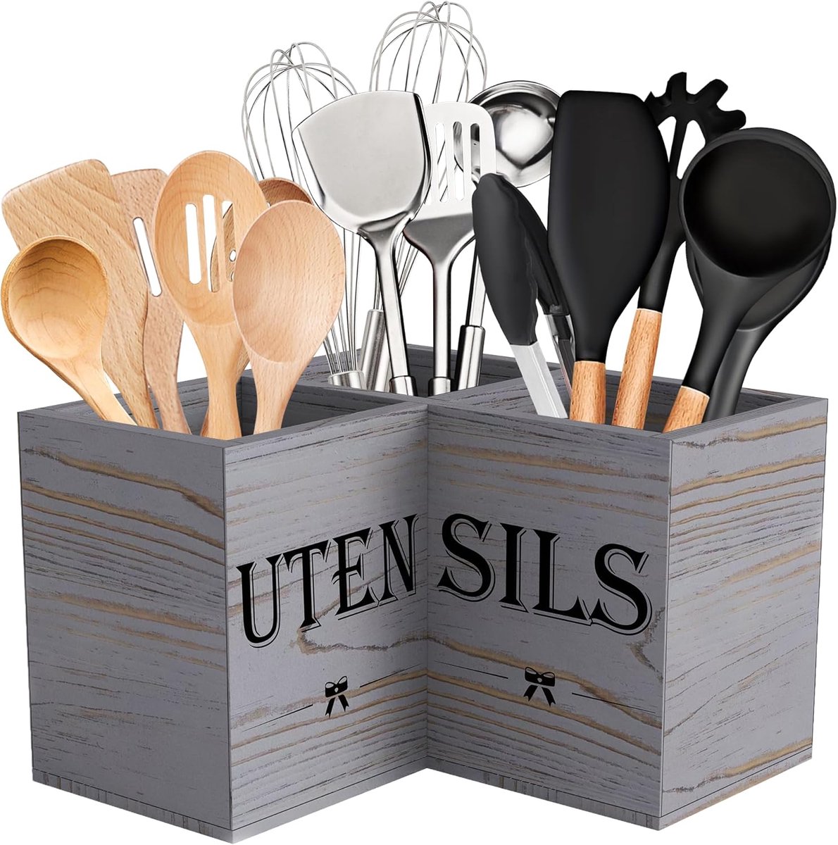 SnelShoppen - Extra Large Keuken Bestekhouder met 3 Fakken, Triangulaire Organisator, Houten Keukentool Houder voor Keukenblad, Rustiek en Grijs Geade