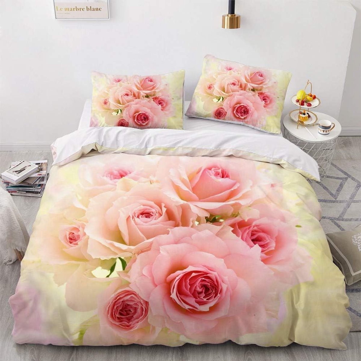 SnelShoppen - Duvet Dekbedovertrek Set 135 x 200 cm Roze Rozen Microfiber 2-Piece met Kussenhoes 80 x 80 cm en Rits - Meisjes Bedlinnen voor Slaapkame