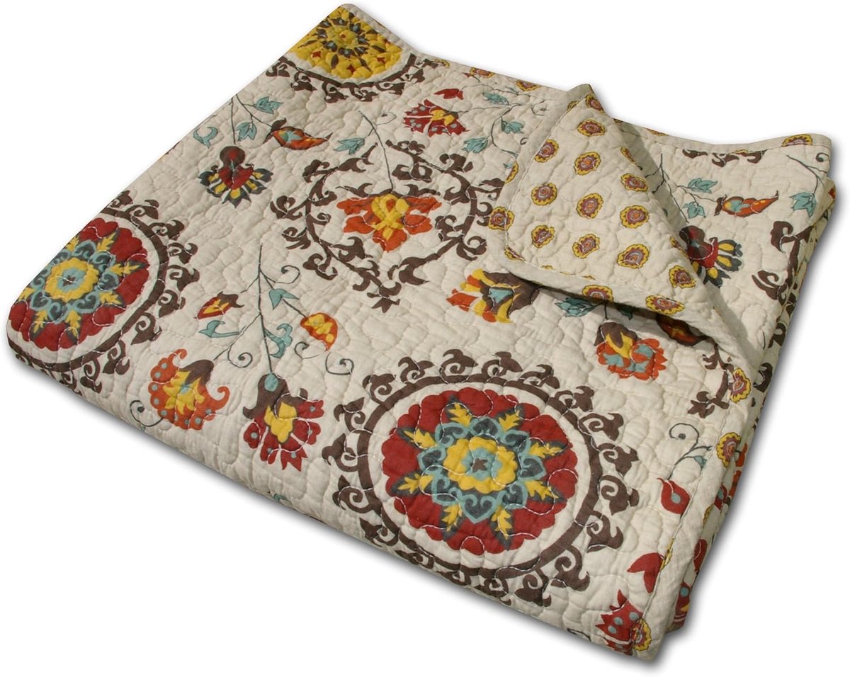 SnelShoppen - Andorra 100% Katoenen Gequilte Dekbed - Dubbelzijdig Retro Plaid met Vurige Suzani Bloemen - Perfect voor Feest, Camping en Thuis