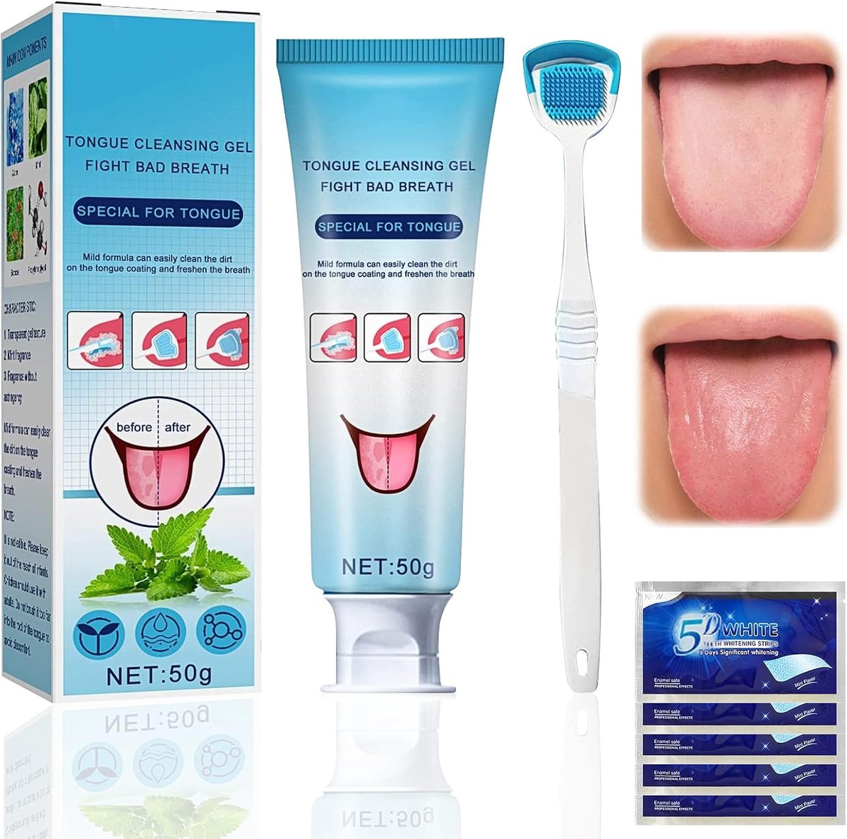SnelShoppen - Tongue Cleaning Kit met Tongue Cleaner Gel (50g) + Tongue Brush - Effectieve Tongenschraper voor Frisse Adem en Tongverzorging