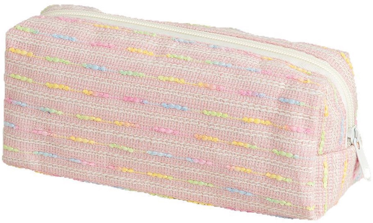 Roze Etui met Gekleurde Lijnen - Stijlvolle Pennenzak voor School en Kantoor - Compacte Organizer Tas voor Schrijfwaren