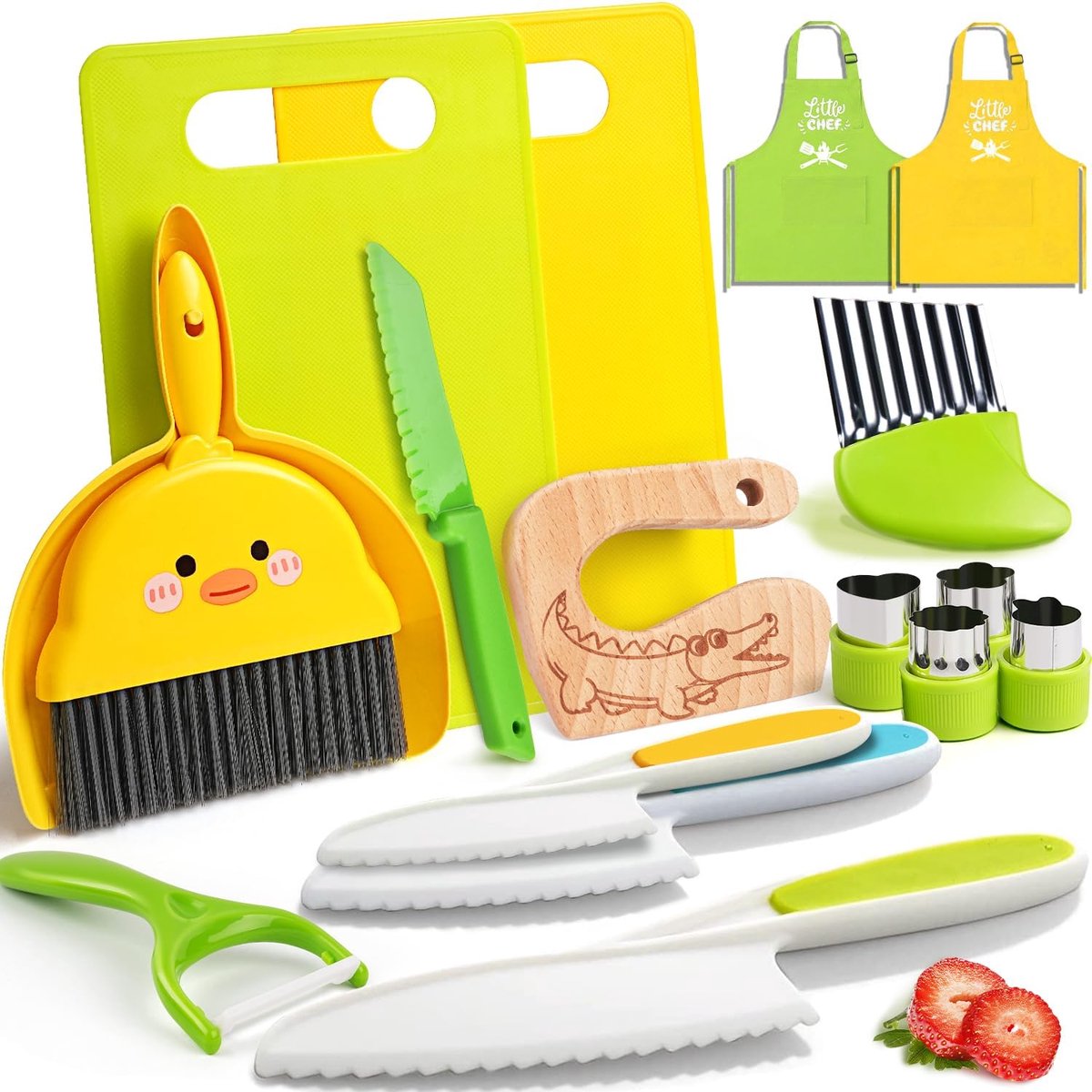 SnelShoppen - 16-delige Kindermes Set met Houten Mes, Veiligheidsgereedschap, Snijplank, Schiller, Kinderschort voor Koken met Kinderen vanaf 2 Jaar