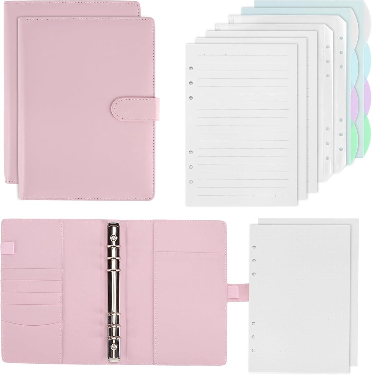 SnelShoppen - 2 Stuks A5 Ringbanden Navulbaar Roze met 270 Vellen Navulpapier, Gelinieerd en Gestippeld, 6 Gaten, 8 Scheidingsbladen, PU-leer, Perfect