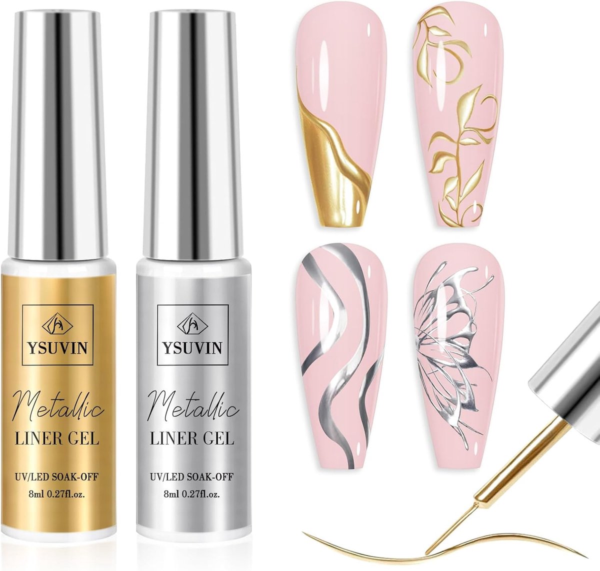 SnelShoppen - Semi-permanente nagellak goud en zilver met spiegeleffect, gel, soak-off UV, treklijn pen voor nail art, DIY, decoratie, French manicure